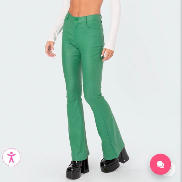 Faux Leather Green Flare Jeans - Picture 2 of 10